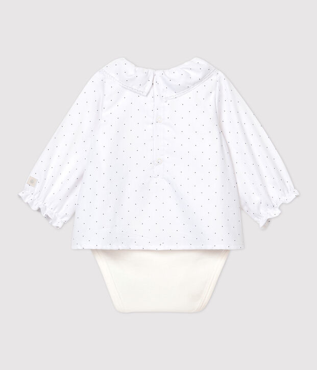 Body manches longues &agrave; col b&eacute;b&eacute; fille twill en coton biologique blanc/gris
